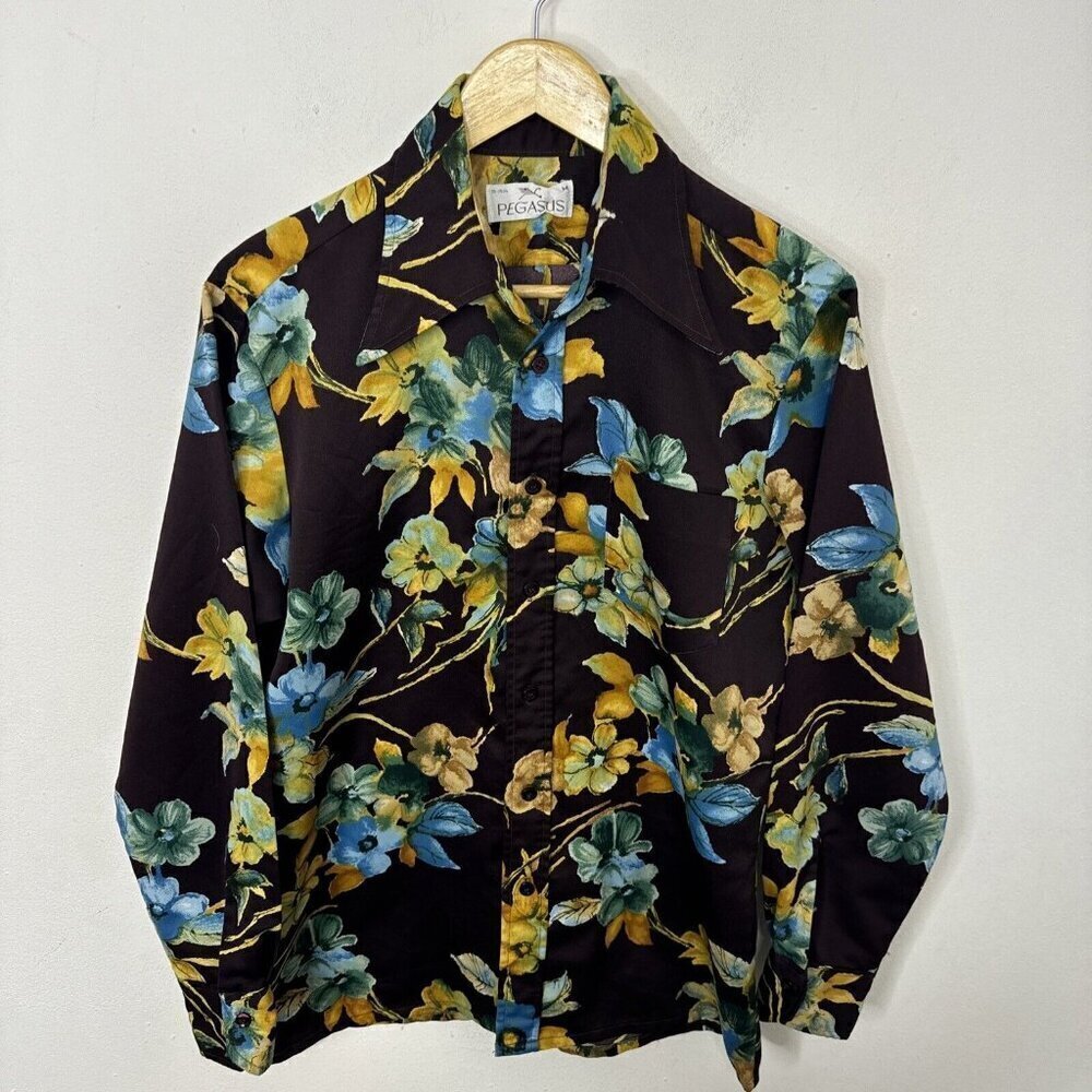 Vintage 70s Disco Pegasus Men M 15.5 Floral Brown Shirt